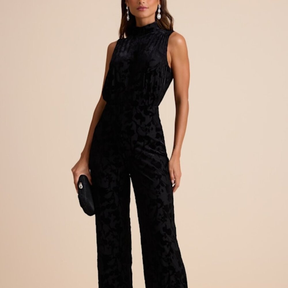 Lulu's Black Textured Velvet High-Neck Jumpsuit